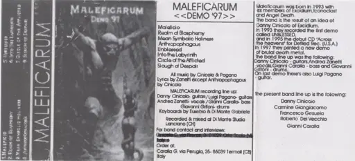 Cover, side, and back of the Maleficarum's Demo '97 cassette tape. Track list on the side, band members and song credits on the back.