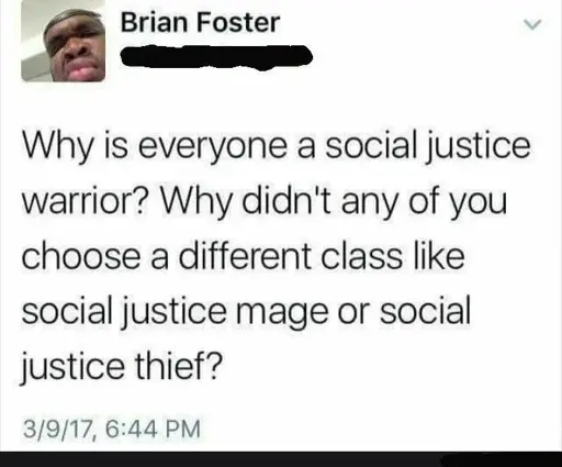 Screenshot of a tweet by "Brian Foster": "Why is everyone a social justice warrior? Why didn't any of you choose a different class like social justice mage or social justice thief?"