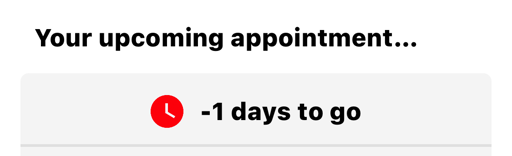A screenshot from the Red Cross Blood Donor app saying "Your upcoming appointment… -1 days to go"