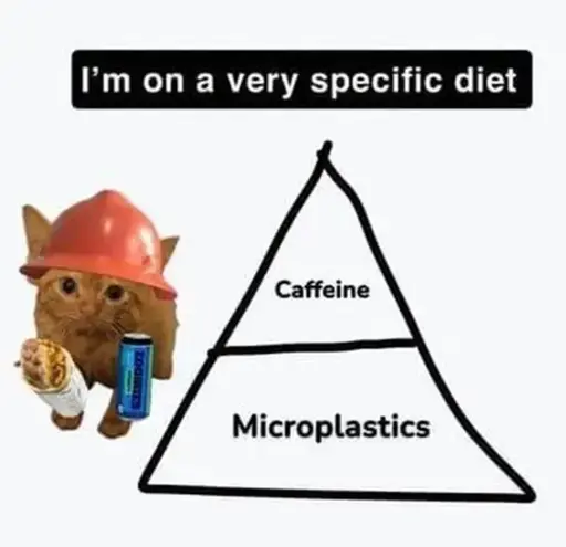 A cat with a hard hat, burrito and energy drink. Next to it is a pyramid with the words "caffeine" and "microplastics" in it. It has the caption "I'm on a very specific diet"