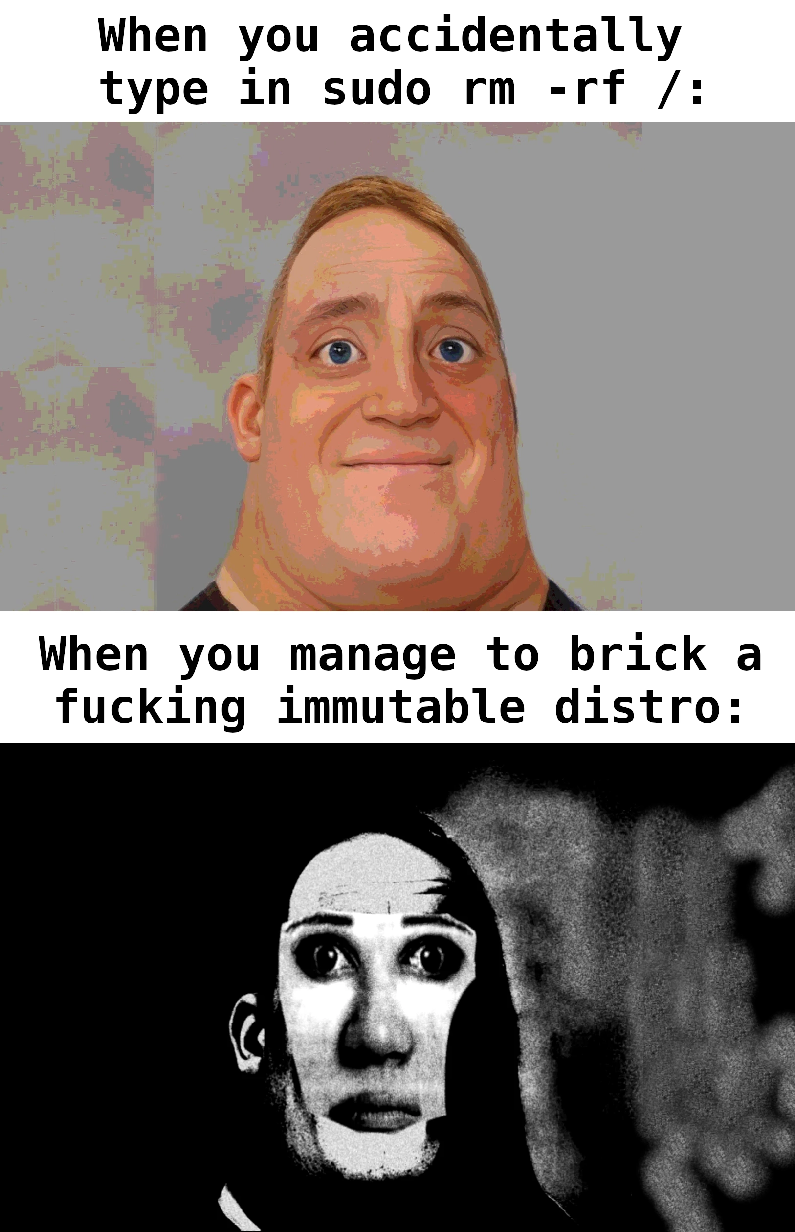 When you accidentally type in sudo rm rf: uncomfortable mr. incredible. When you manage to brick a fucking immutable distro: extra uncanny mr. incredible