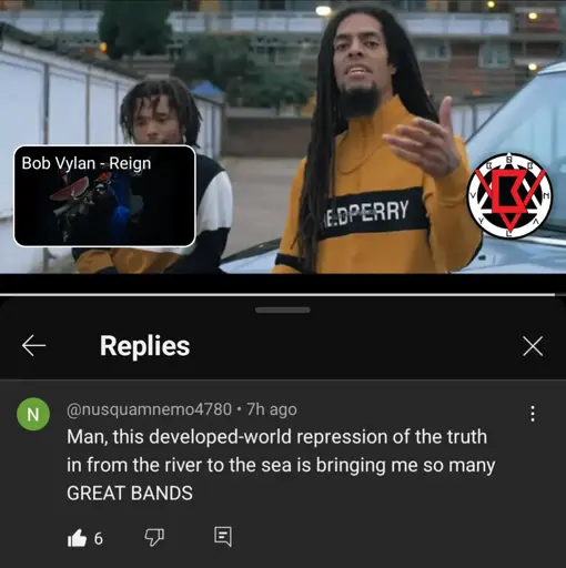 Screenshot from a YouTube music video with a comment. On the top, the two members of the band Bob Vylan. On the bottom, an anonymous comment: "Man, this developed-world repression of the truth in from the river to the sea is bringing me so many GREAT BANDS"