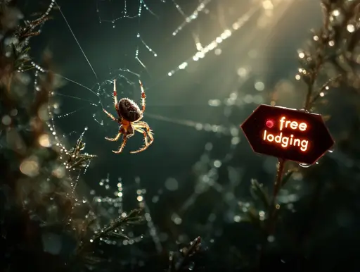 Macro photography of a spider in its web. A neon sign next to the web reads “Free lodging”. 