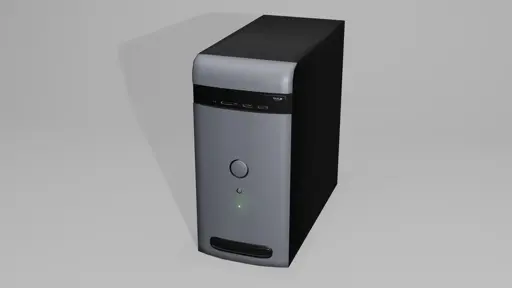 3D render of a pc tower with a silver front and black sides. The front panel is slightly curved, with a recessed area for the disk drive, some USB and a SD card slot. Further down is a big round, silver button that turns the PC on or off. Below it is a slightly smaller button, I am not sure anymore, but I believe it said "reset" underneath. Further down is a small green LED. At the bottom of the front is an oval air intake - or atleast that's what I think it is in hindsight.