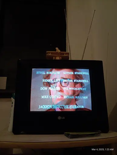 Televisão preta da marca LG de tubo de 14 polegadas. Nela vê-se a cena final de um filme com o close no rosto de Woody Allen, um homem branco, de óculos e ruivo.