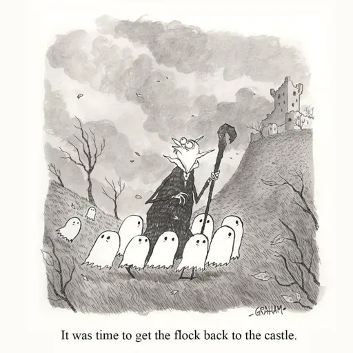 A cartoon illustration of a vampire looking at stormy skies shepherding a flock of ghosts into a castle. Caption reads "It was time to get the flock back to the castle."