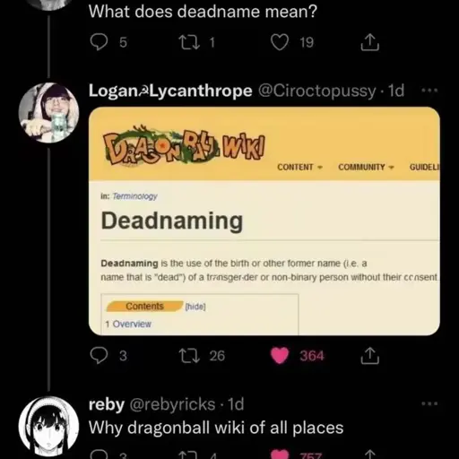 A screenshot of a series of Twitter posts showing the definition of "deadnaming" on the Dragonball wiki. Full transcription in the description.