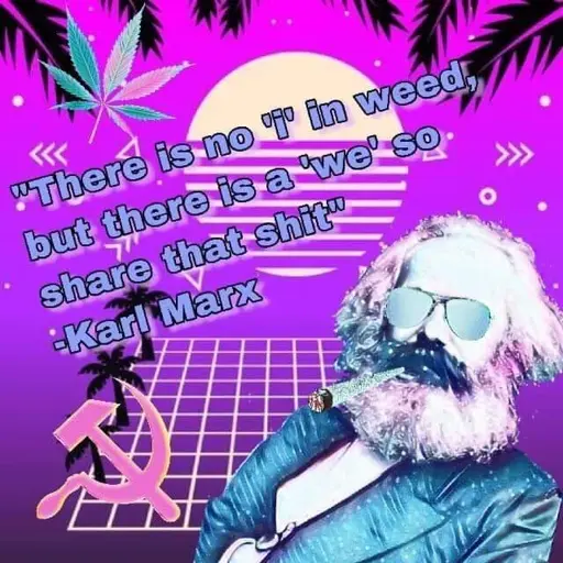 Picture of Karl Marx smoking a fat joint with text "There is no 'i' in weed, but there is a 'we' so share that shit" - Karl Marx