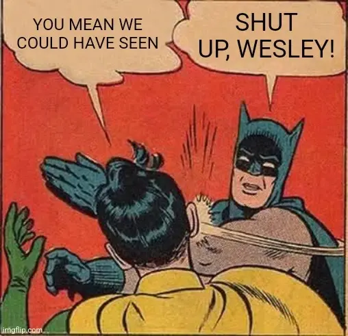 Batman slapping Robin meme. 
Robin: you mean we could have seen
Batman: Shut up, Wesley!