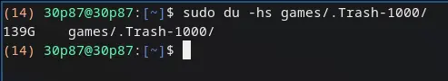 A bash prompt, with the result of "sudo du -hs games/.Trash-1000/" being "139G games/.Trash-1000/".