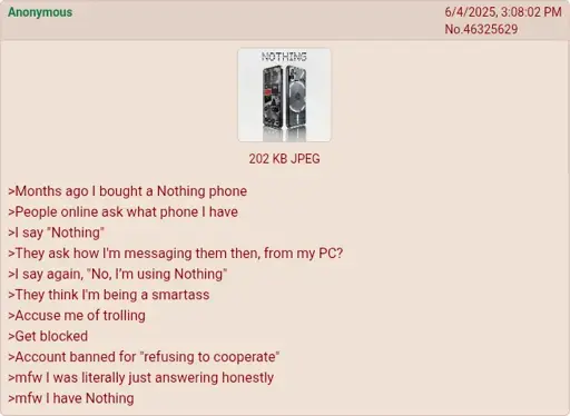 Greentext entry of an anon gets banned for having Nothing