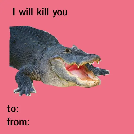 A salmon pink valentines card with a crocodile pasted onto it. It says "I will kill you". How romantic!