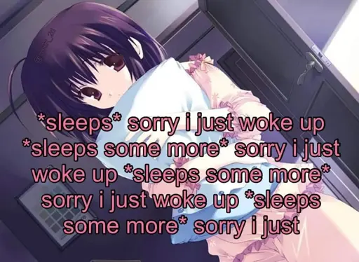 anime girl hugging a pillow with text over her saying "*sleeps* sorry I just woke up *sleeps some more* sorry I just woke up *sleeps some more* sorry I just woke up *sleeps some more* sorry I just"