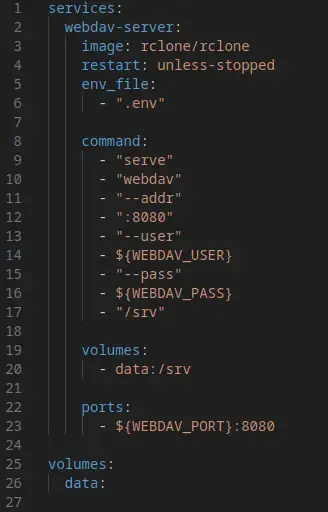 Docker Compose File:
services:
  webdav-server:
    image: rclone/rclone
    restart: unless-stopped
    env_file:
      - ".env"

    command:
      - "serve"
      - "webdav"
      - "--addr"
      - ":8080"
      - "--user"
      - ${WEBDAV_USER}
      - "--pass"
      - ${WEBDAV_PASS}
      - "/srv"

    volumes:
      - data:/srv

    ports:
      - ${WEBDAV_PORT}:8080

volumes:
  data:
