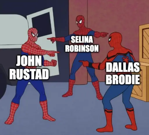 3 spidermans point at each other "John Rustad" "Selina Robison" "Dallas Brodie"