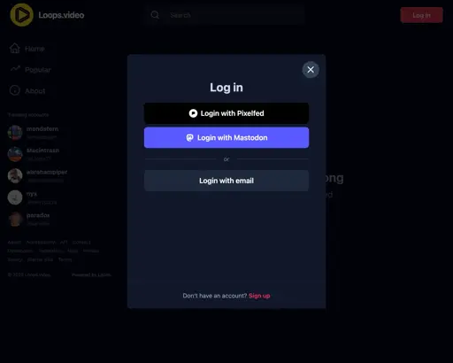 Loops.video login showing Login with Pixelfed and Login with Mastodon